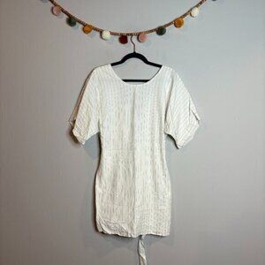 Bimba y Lola white pinstriped linen blend tie back dress